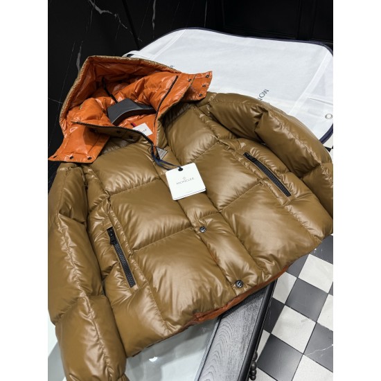 MONCLER Hooded Shiny Lacqué Puffer Down Jacket Black Orange 95% Duck Down Unisex 2026AW