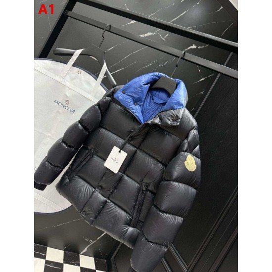 MONCLER Gold Logo Stand Collar Shiny Puffer Down Jacket Black Blue 95% Duck Down Unisex 2026AW