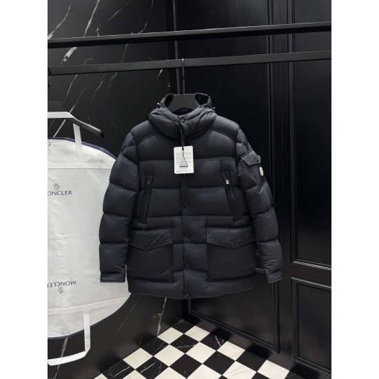MONCLER Hooded Mid-Length Matte Nylon Down Parka Coat 95% Duck Down Black Unisex 2026AW