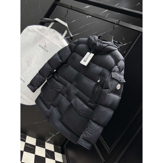 MONCLER Hooded Mid-Length Matte Nylon Down Parka Coat 95% Duck Down Black Unisex 2026AW