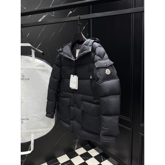 MONCLER Hooded Mid-Length Matte Nylon Down Parka Coat 95% Duck Down Black Unisex 2026AW