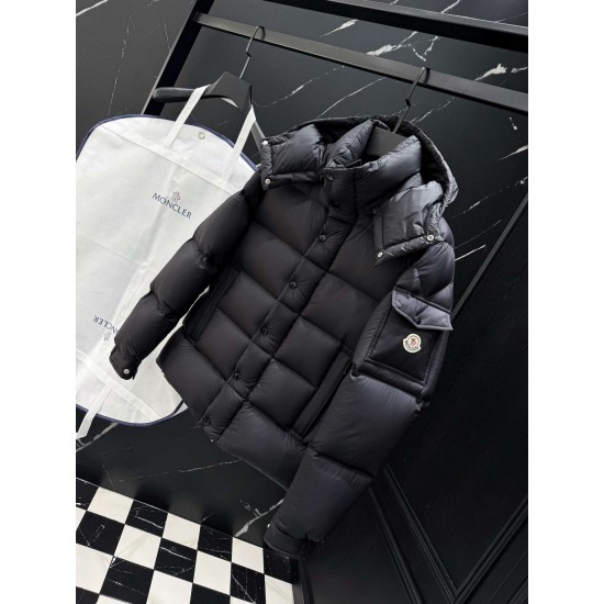 MONCLER Hooded Matte Nylon Puffer Down Jacket Sleeve Pocket 95% Duck Down Black Unisex 2026AW
