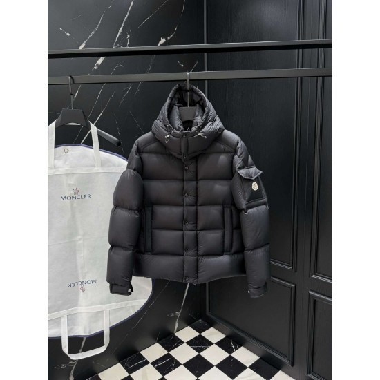 MONCLER Hooded Matte Nylon Puffer Down Jacket Sleeve Pocket 95% Duck Down Black Unisex 2026AW