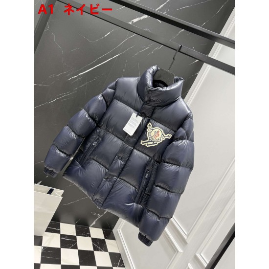 MONCLER Chenille Crest Embroidered Stand Collar Shiny Puffer Down Jacket 95% Duck Down Black Blue 2026AW