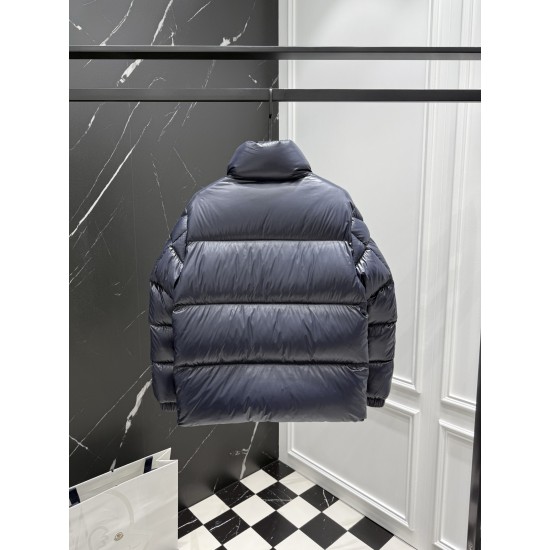 MONCLER Chenille Crest Embroidered Stand Collar Shiny Puffer Down Jacket 95% Duck Down Black Blue 2026AW