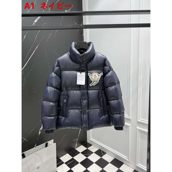 MONCLER Chenille Crest Embroidered Stand Collar Shiny Puffer Down Jacket 95% Duck Down Black Blue 2026AW
