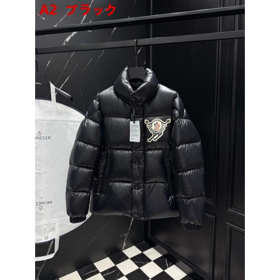 MONCLER Chenille Crest Embroidered Stand Collar Shiny Puffer Down Jacket 95% Duck Down Black Blue 2026AW