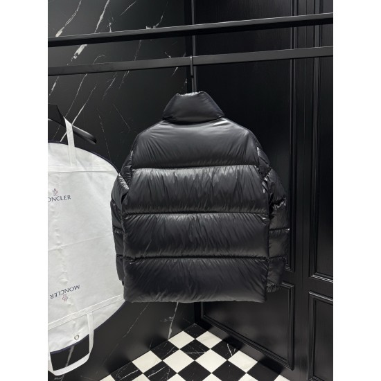 MONCLER Chenille Crest Embroidered Stand Collar Shiny Puffer Down Jacket 95% Duck Down Black Blue 2026AW