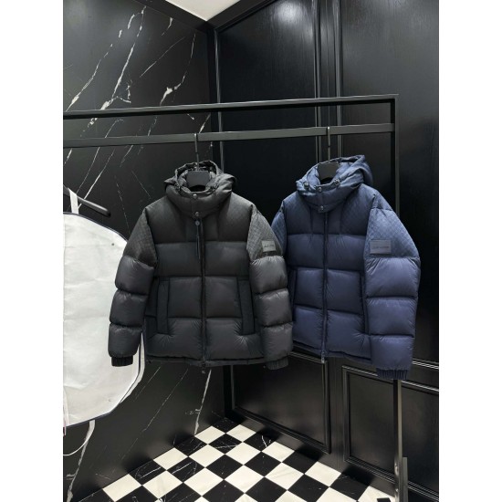 LOUIS VUITTON Monogram Jacquard Yoke Hooded Puffer Down Jacket 95% Duck Down Black Navy Unisex 2026AW