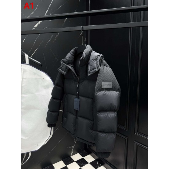 LOUIS VUITTON Monogram Jacquard Yoke Hooded Puffer Down Jacket 95% Duck Down Black Navy Unisex 2026AW