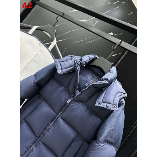 LOUIS VUITTON Monogram Jacquard Yoke Hooded Puffer Down Jacket 95% Duck Down Black Navy Unisex 2026AW